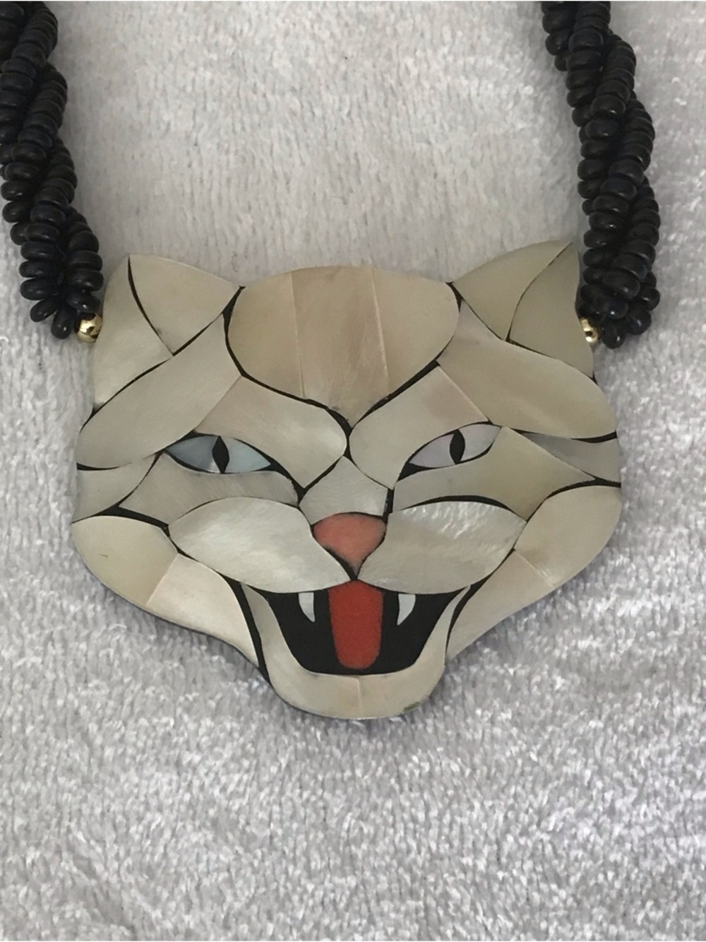 Wild Cat Necklace Shell Inlay Beaded Vintage Costume Jewelry